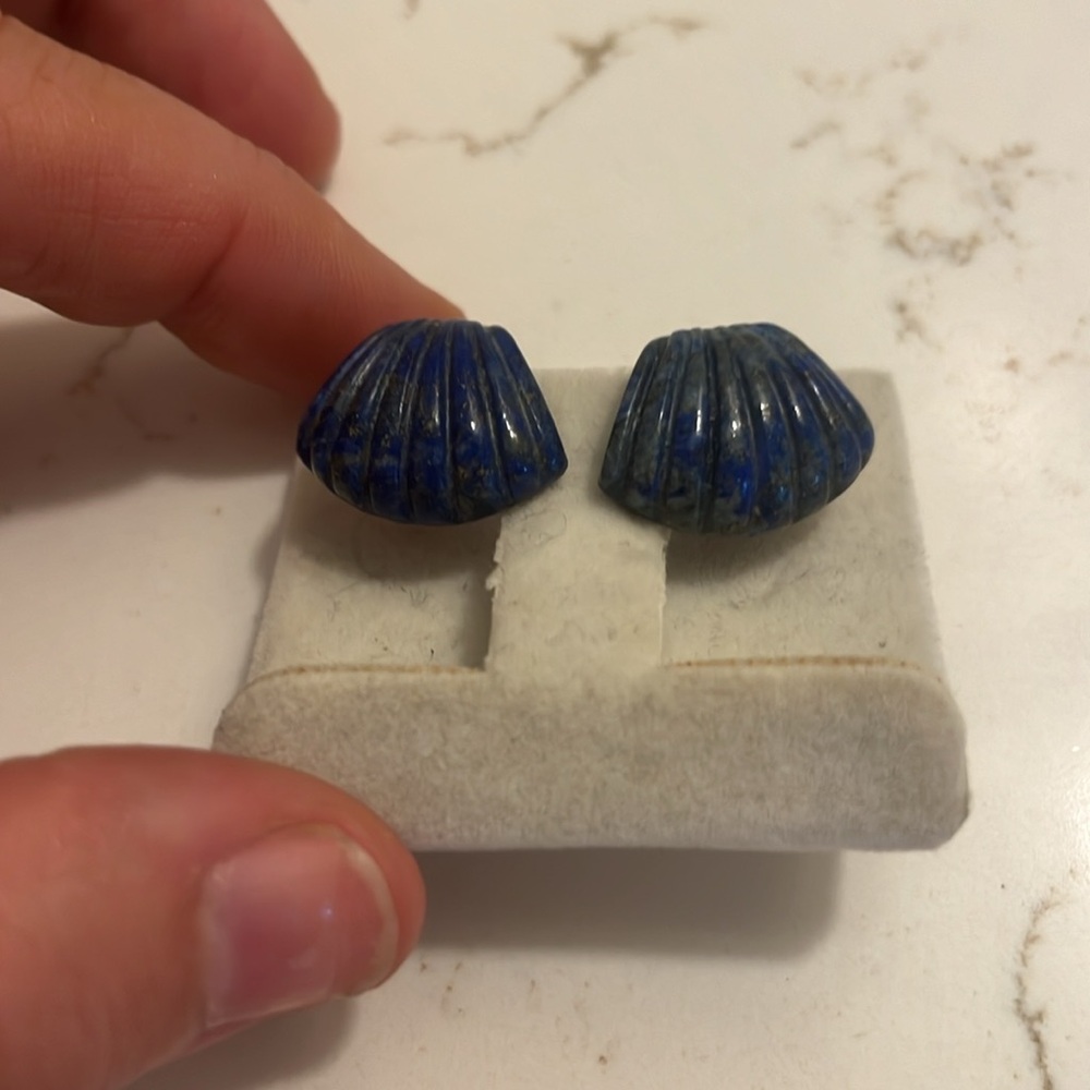 VTG Carved Antique Blue Lapis Earrings with Sterling Silver Posts - Picture 3 of 5